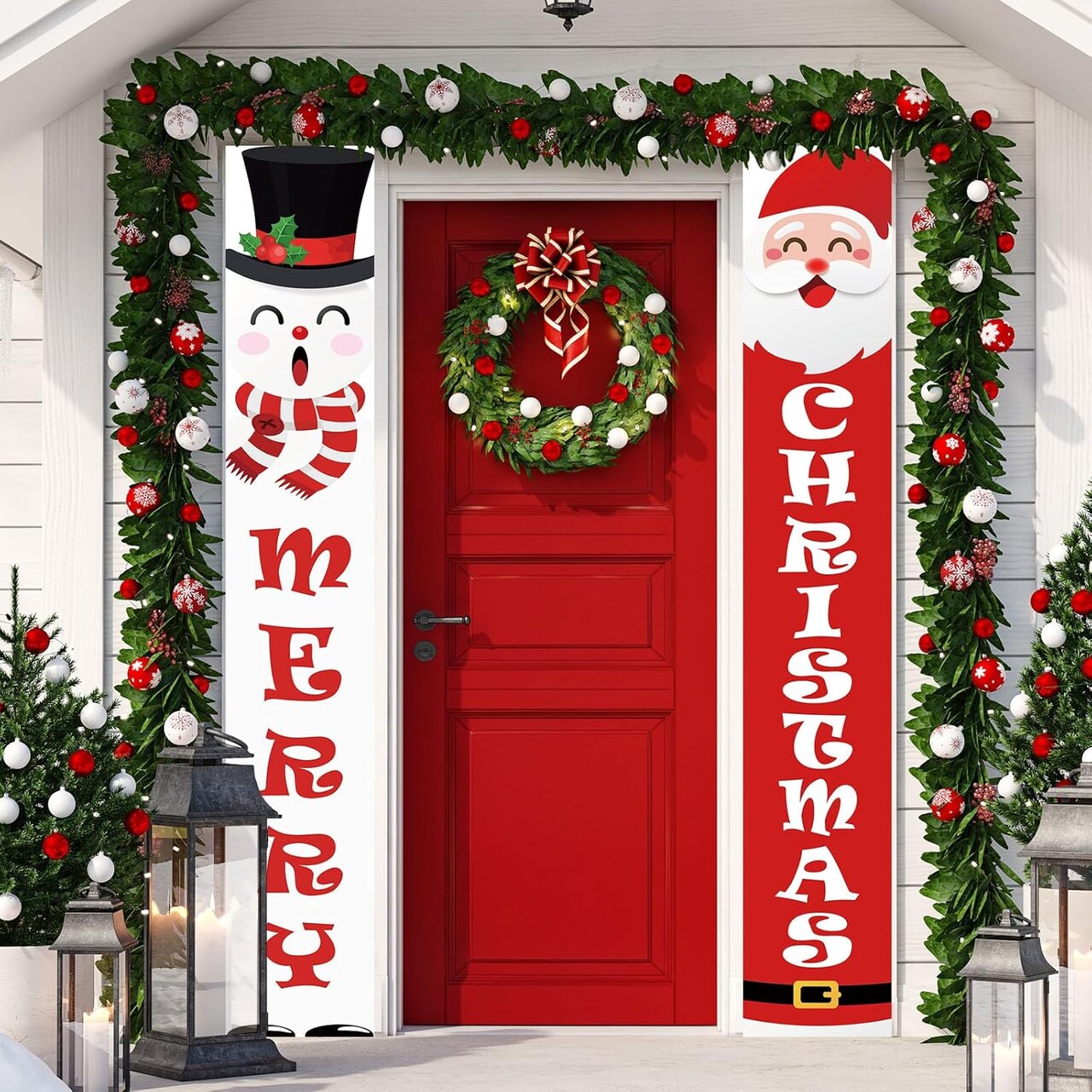 Christmas Porch Banner Sign Snowman & Santa Claus Decoration - 71"L x 12"W (Red, White)